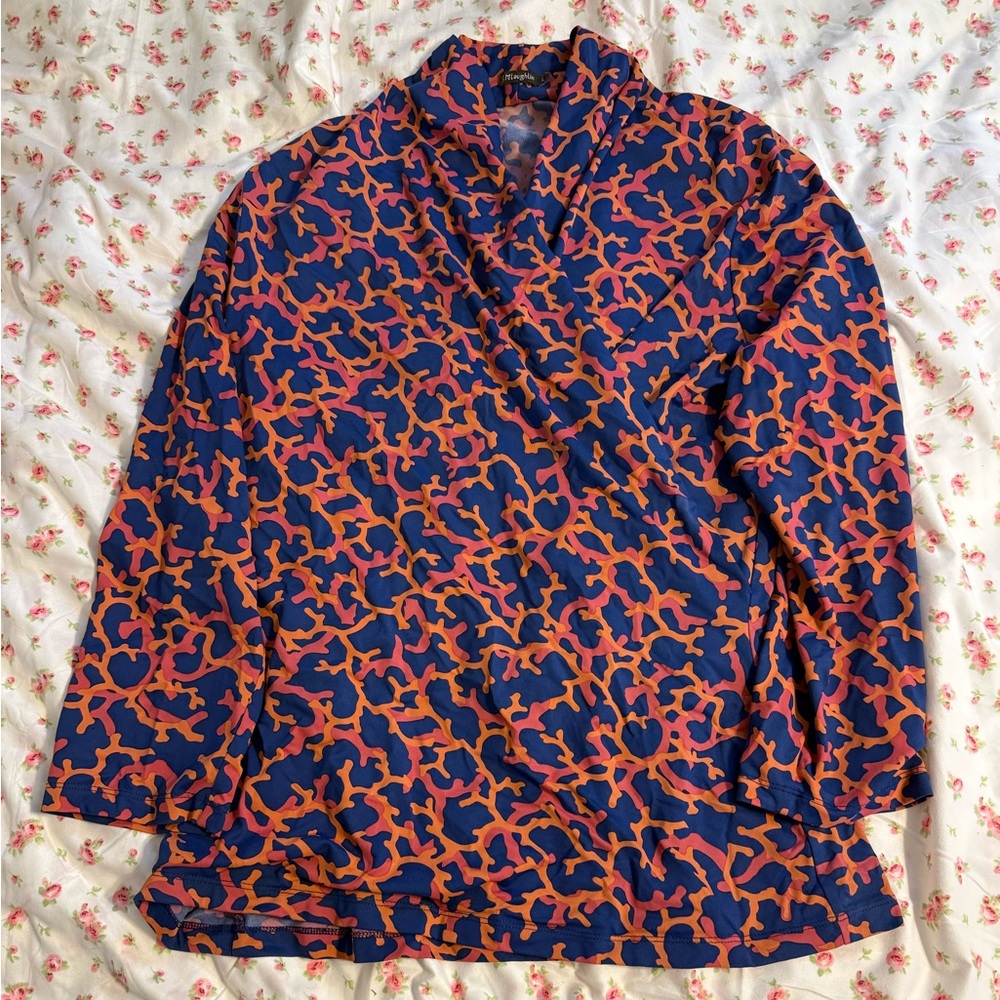 J. McLaughlin Blue and Orange Coral Print Top